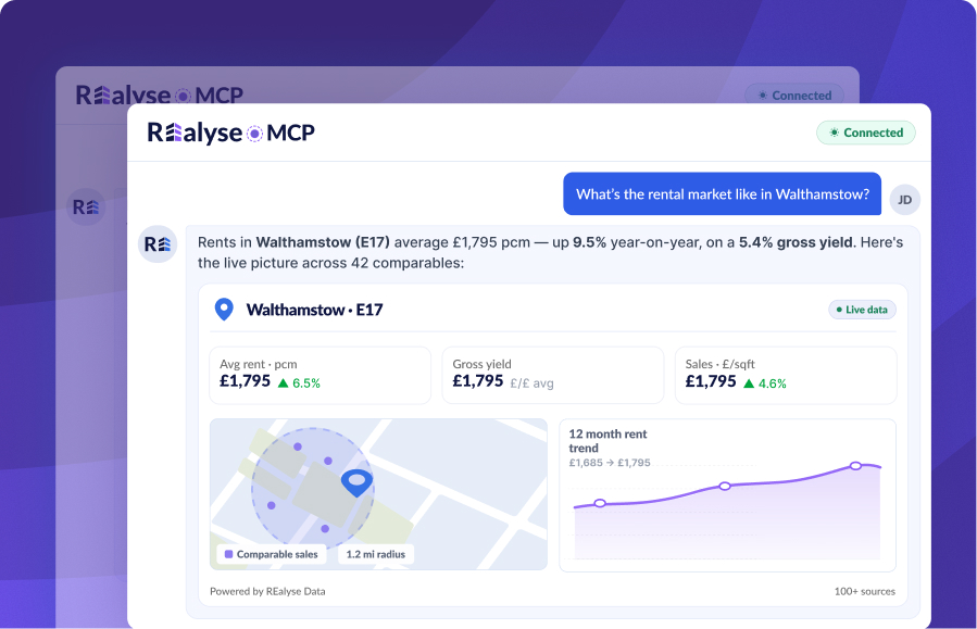 REalyse MCP assistant showing live Walthamstow rental market data