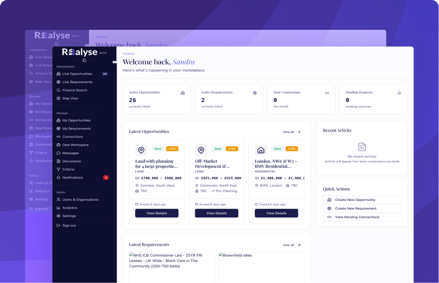 Marketplace dashboard showing live property opportunities and requirements