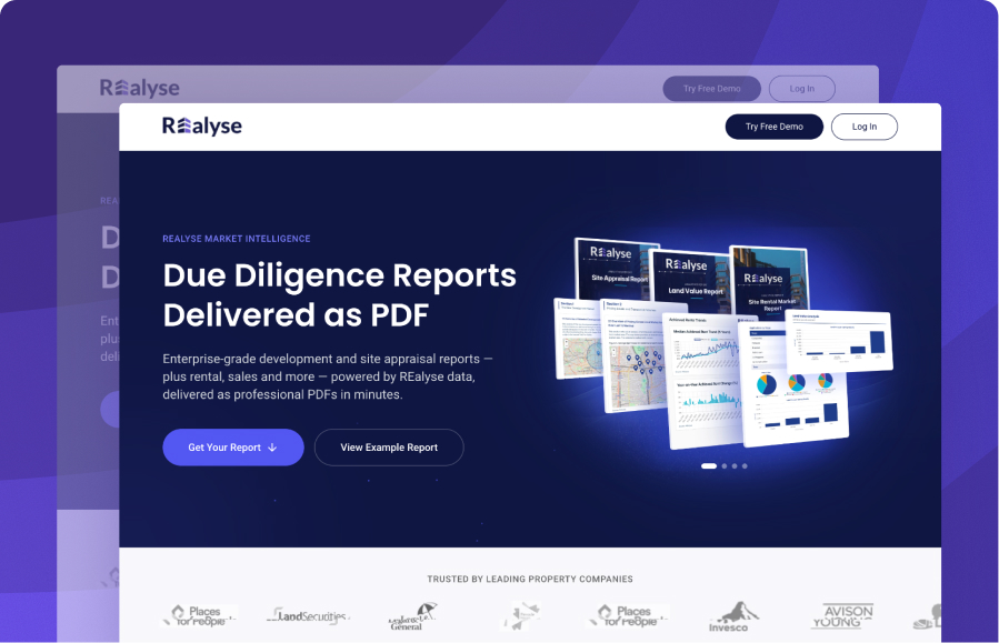 Reports platform showing property due diligence reports delivered as PDFs